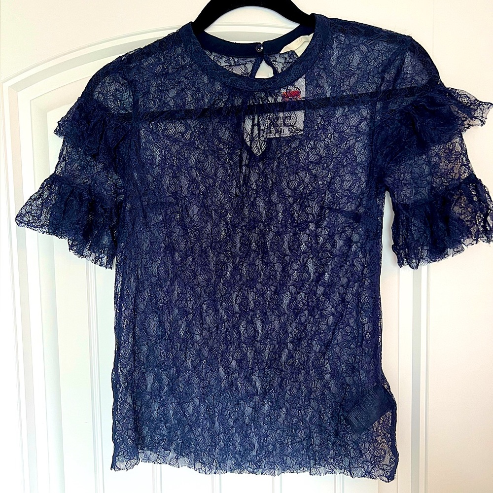 NWT H&M Navy Blue Lace Ruffle Sleeve Blouse